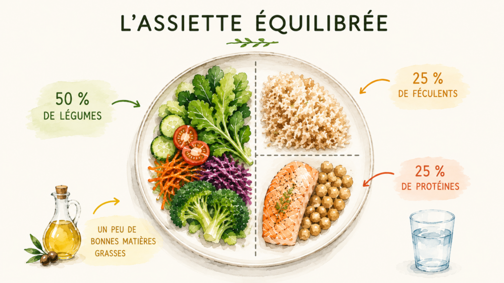 Assiette équilibrée composée de 50 % de légumes, 25 % de féculents, 25 % de protéines, avec des bonnes matières grasses et de l'eau.