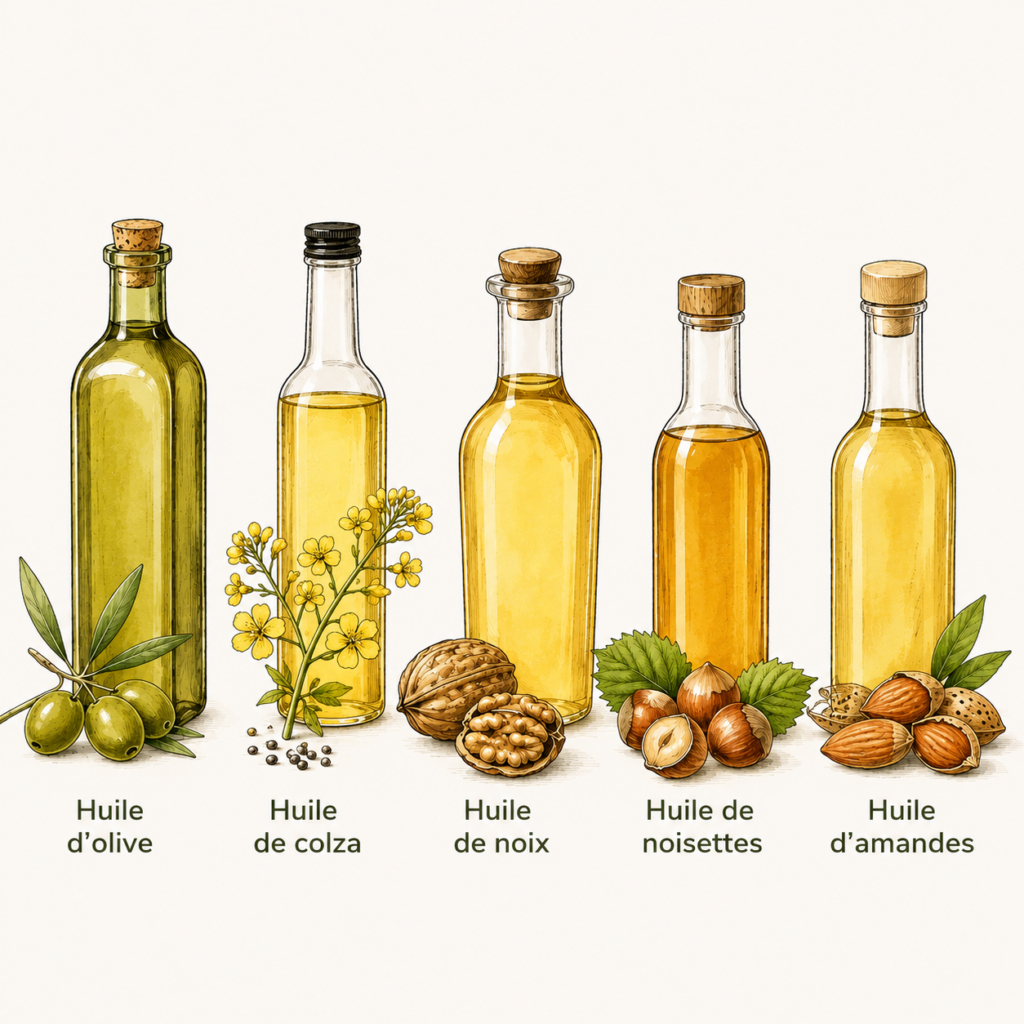 Huiles végétales recommandées pour une alimentation équilibrée : huile d'olive, huile de colza, huile de noix, huile de noisette et huile d'amande.